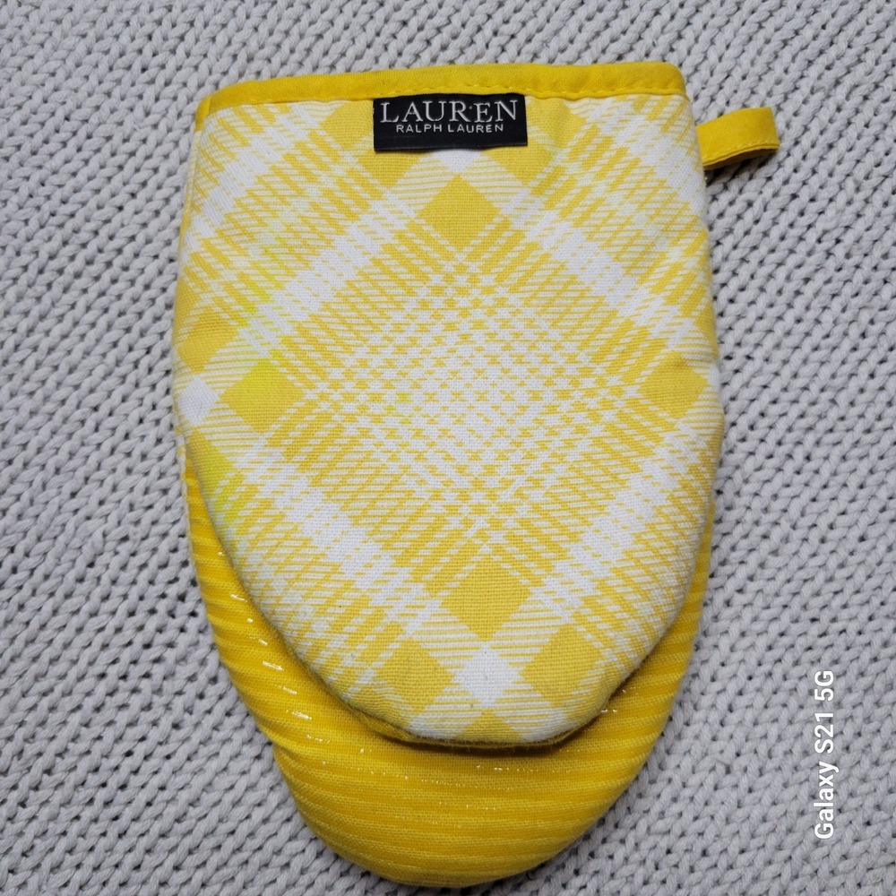 Lauren Ralph Lauren Yellow White Plaid Cotton Oven Mitt Non-Slip Grip Kitchen